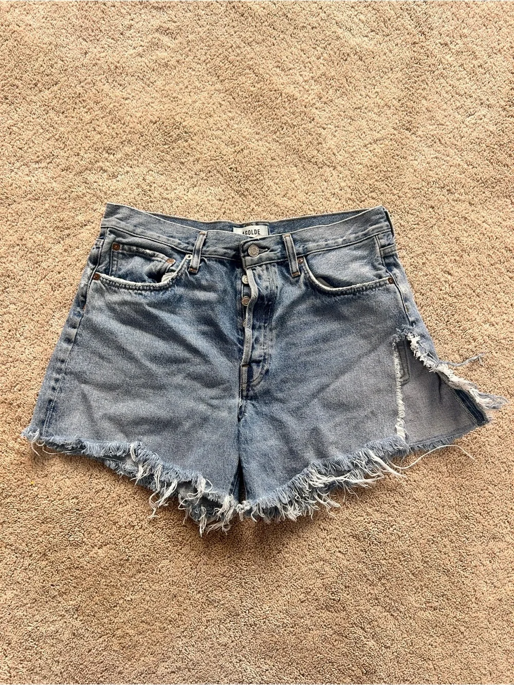AGOLDE Parker Long High-Rise Distressed Denim Shorts